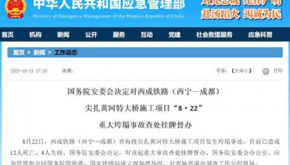 国务院安委会决定对西成铁路(西宁—成都)尖扎黄河特大桥施工项目“8·22” 重大垮塌事故查处挂牌督办